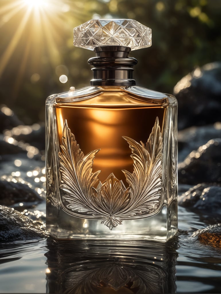 A delicate and noble glass perfume bottle was placed in the middle of the water，The sunlight asperses full, on the water flutters falls ，the petalhas ，the dewthe crystal ，clear feelingthe warm color tone,Headshot Center，the composition，Hyper，realistic style，realistic，photography，high detailhigh quality，high resolution，8k