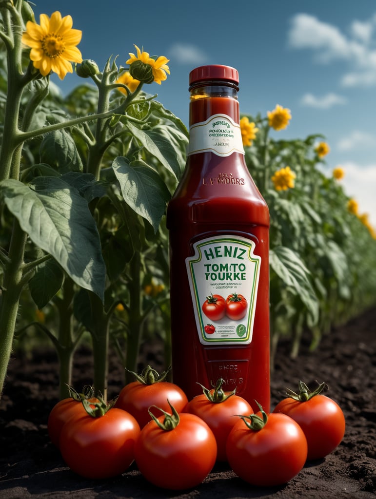 several red tomatoes stacked together forming a Heinz ketchup bottle with some leaves around it, beautiful tomato plantation in the background and a blue sky, short grass and yellow flower + yellow flowers + creamy light + ambient lighting + very beautiful colors