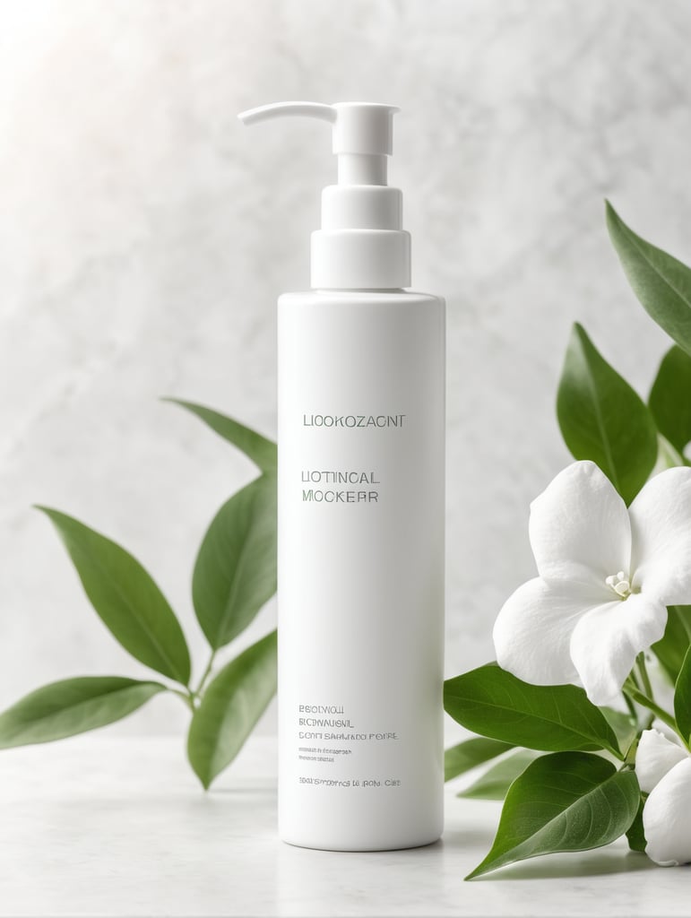 Skincare lotion bottle mockup, botanical background