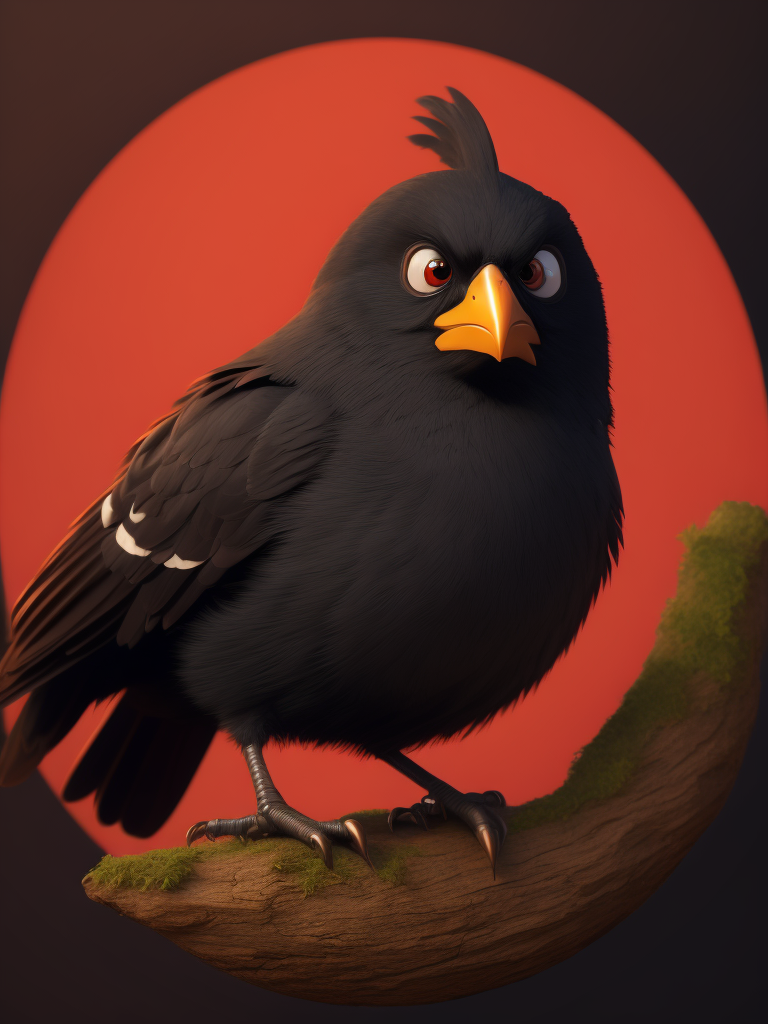 angry birds, black round bird on red background, standing centered in 3D style, rendered using beautiful Disney animation, Pixar style, Disney style, 3D style