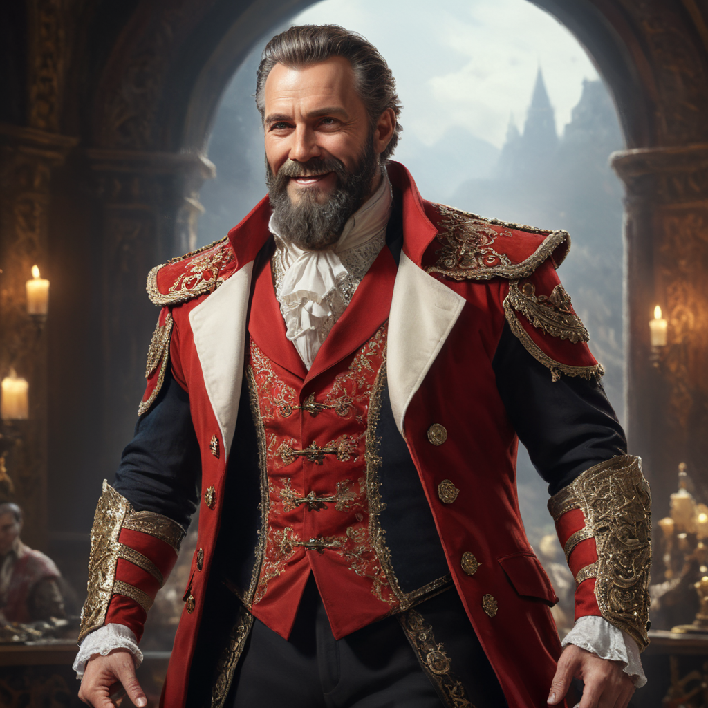 D bearded middle-aged male aristocrat standing smiling red coat white vest