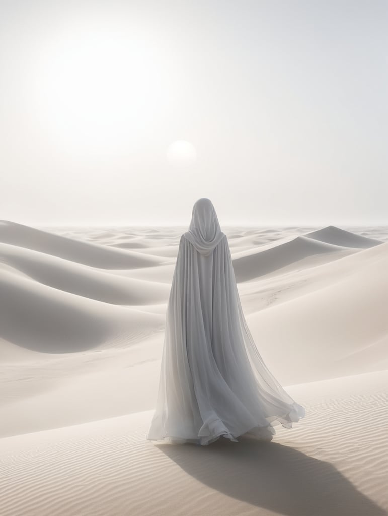 view from behind(((ethereal misty black cloaked woman figure))), clad in dark tones, advancing through a (((dunescape))) under a (rising moon), with (vast, smoldering sand dunes) reflecting an otherworldly light around its surroundings, abstract art