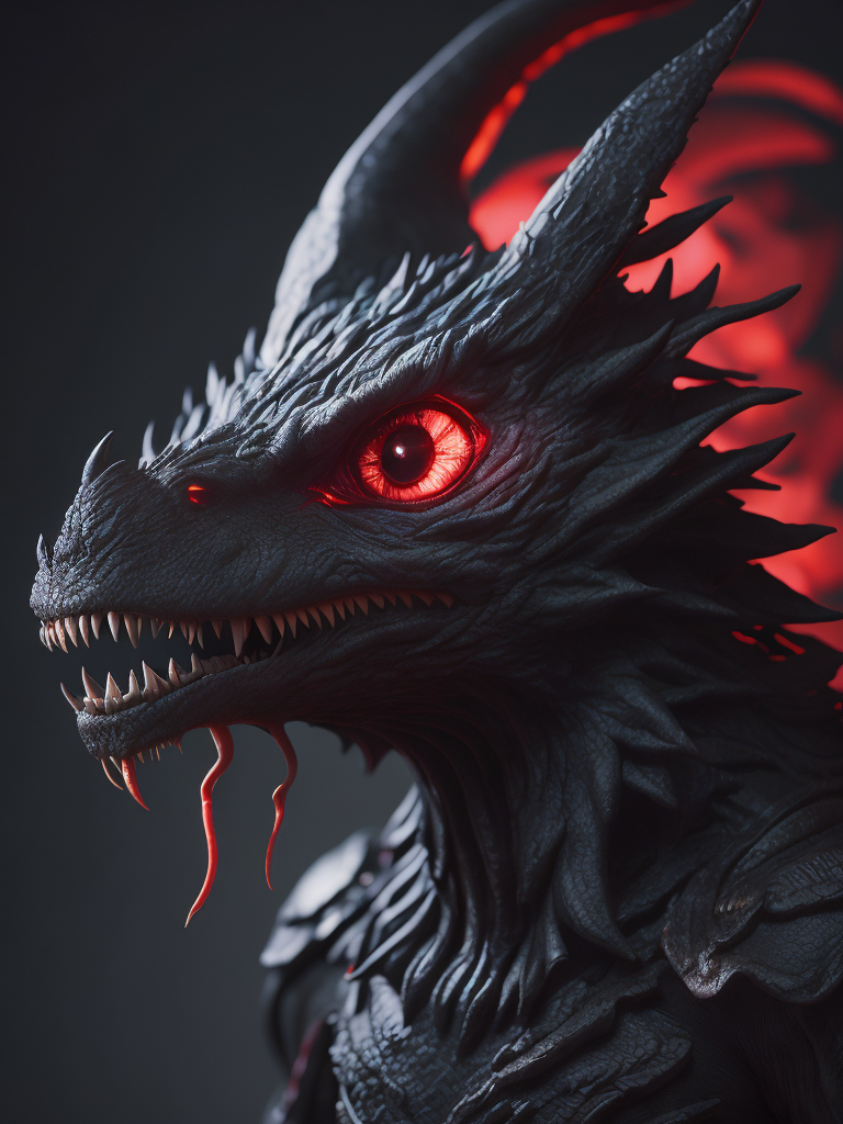 Black dragon, red demonic eyes, red smoke background, photorealistic, ultra detailed, trending on artstation, concept art, octane render