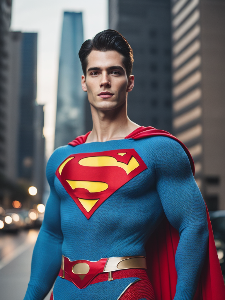 Portrait of a superman in a knitted suit, a blue suit with a red and yellow superman logo on the chest, a city in the background, a blurred background, professional shot, bright saturated colors, sharp focus, highly detailed