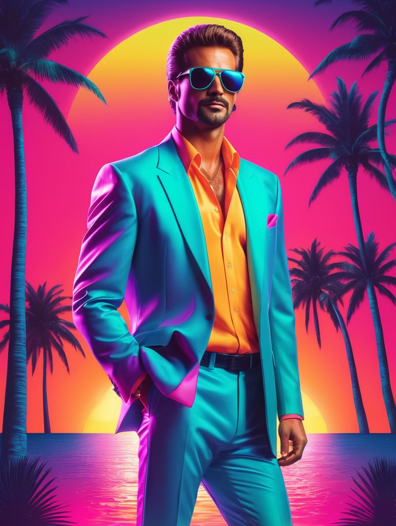 80's retro party poster featuring Miami vice suit, neon vibrant colors, synthwave, disco vibes, palm trees and sunsets