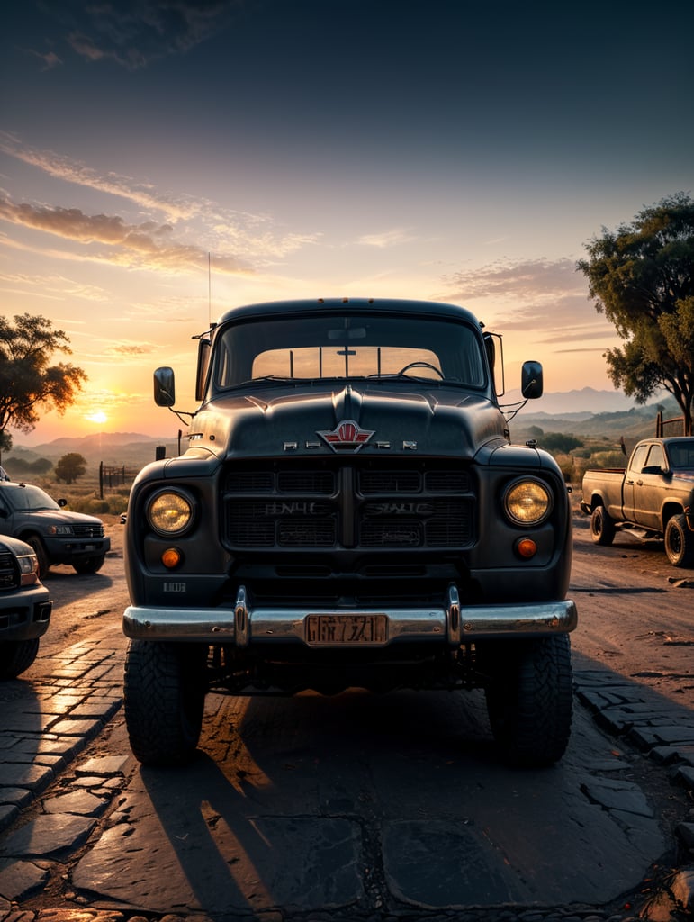 beautiful old pickup at sunset volumetric light, detailed, sharp focus, highly detailed,