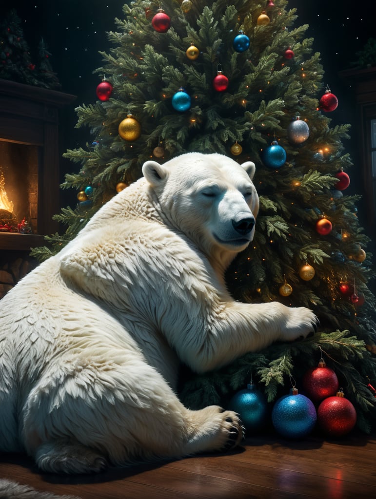Polar bear, sleeping next to a Christmas tree