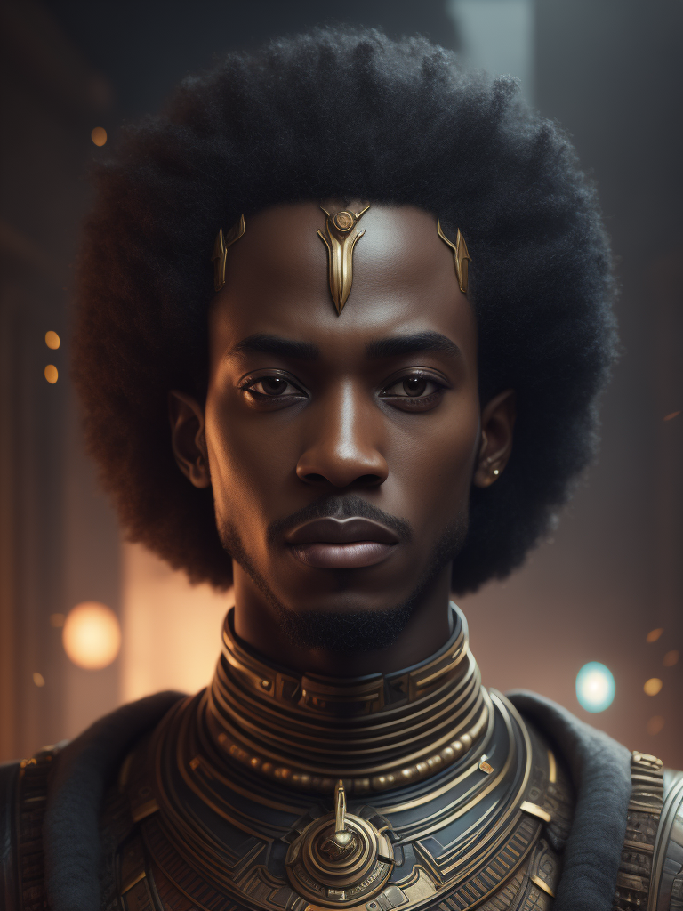 portrait of a male character, afro, with futuristic touches and that is an African god. add a ancient mask