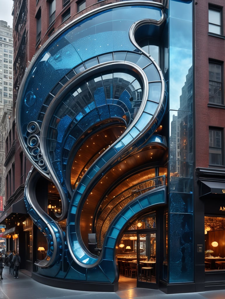 A futuristic neocosmic architectural facade of à Restaurant on the form of a musical note, in New York city, in blue glass, hyper realistic, hyper detailed, Nikon camera