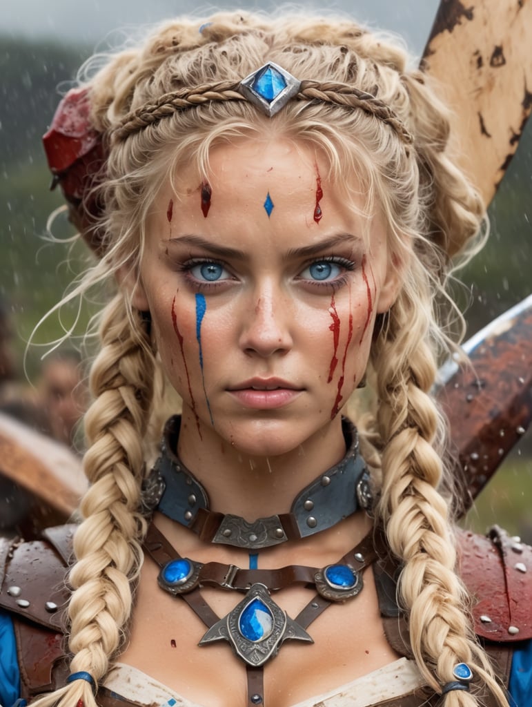Epic portrait, harlequin, Viking girl, loose braids, blonde, wavy hair, blue eyes sword, battle axe, rain, blood and mud splashes, breathing heavy, gritting teeth, epic, heroic, leather clothing, intricate decorations, high definition, waist up, chest, shoulders