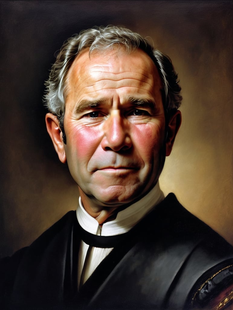 Portrait of George W. Bush by Rembrandt Harmenszoon van Rijn, sad face, America, so sorry
