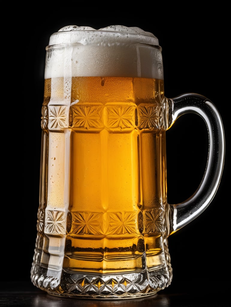 glass beer mug, isolated, black background, professional photo
