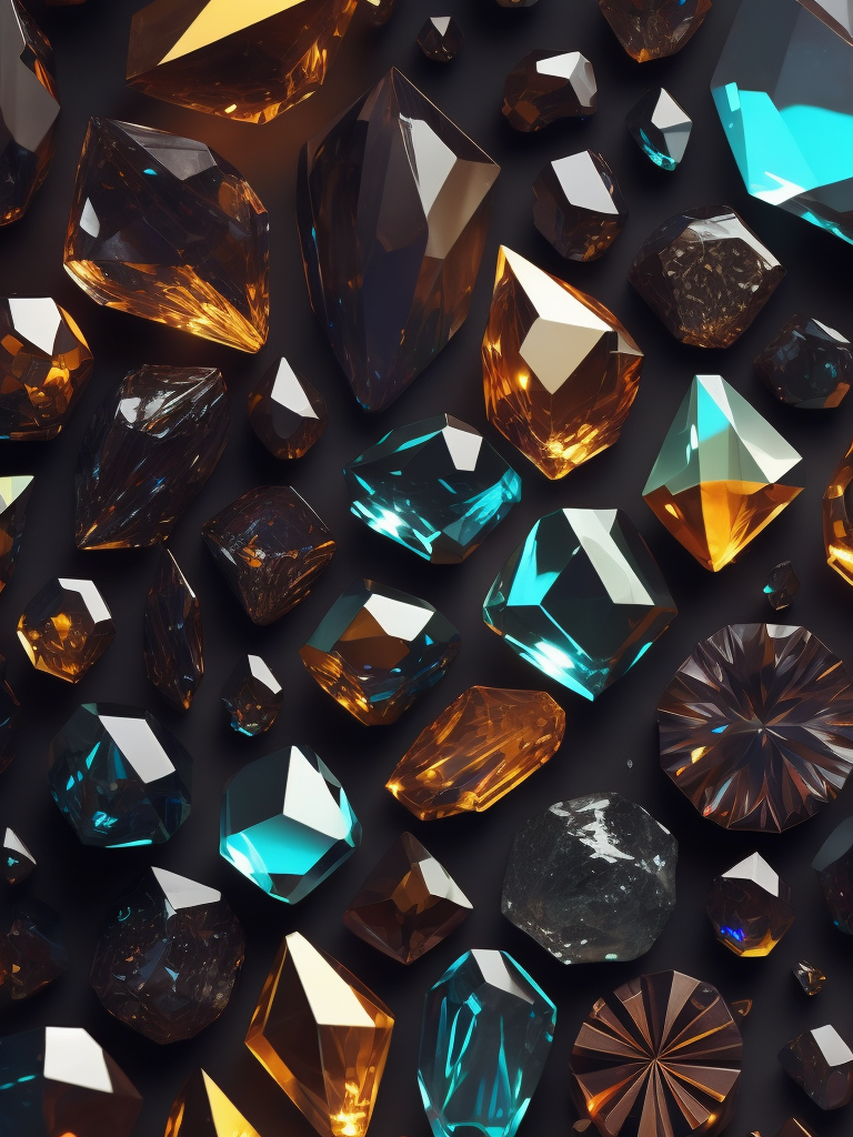 Crystal texture, pattern, background, top view, organic texture, seamless texture, scattered crystals, deep colors, contrast lighting, volumetric crystals, crystals stacked on top of each other, closely stacked crystals, knolling, flat lay, gems, crystals