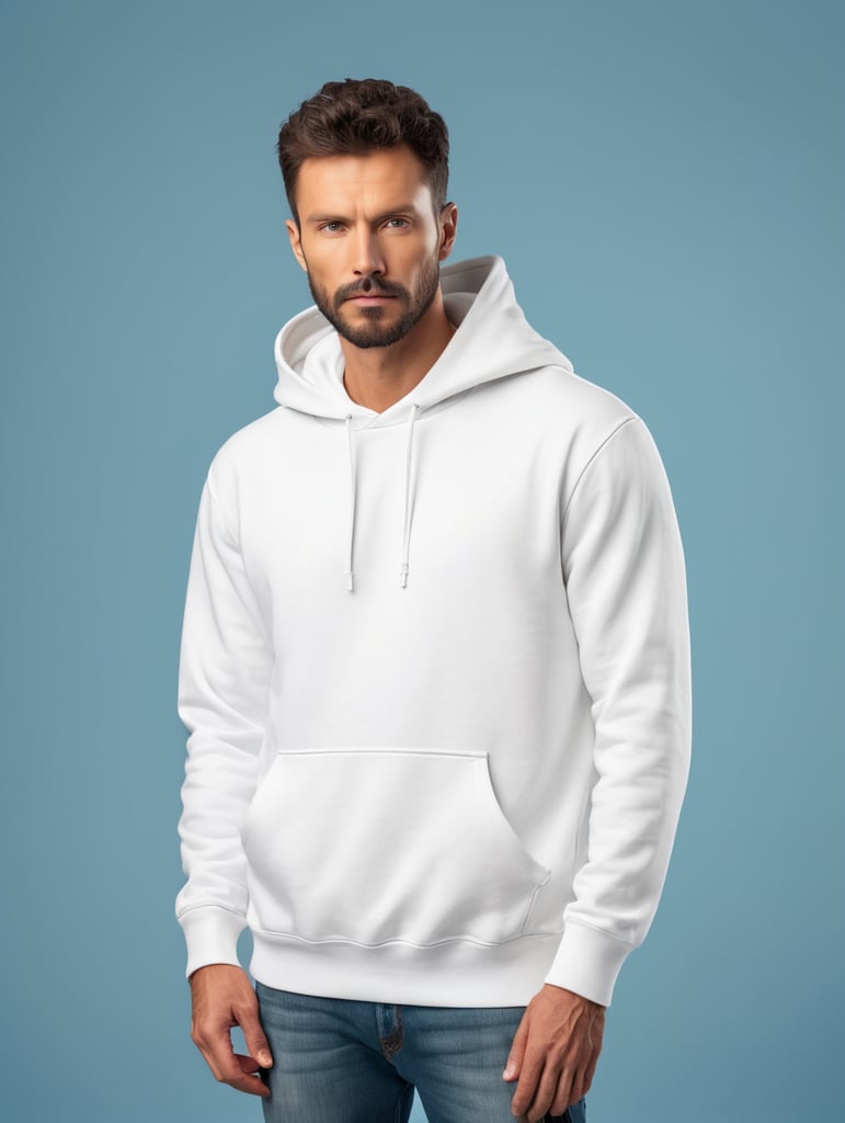 photography of a man wearing blank white hoodie, isolated, blue background, style of Richard Avedon, mockup, mock up