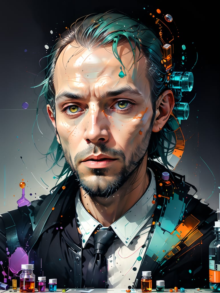 Casimir Funk in a lab with some vitamin capsules on the table, looking at the camera