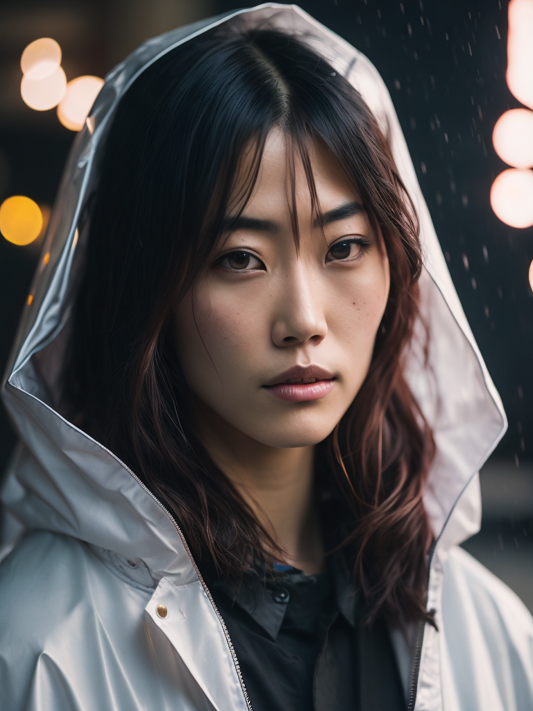 Portrait of Kaori from akira wearing transparent raincoat, rainy neo tokyo photoshoot, cyberpunk, Vivid saturated colors, Contrast light, studio photo, professional photo, Detailed image, detailed face