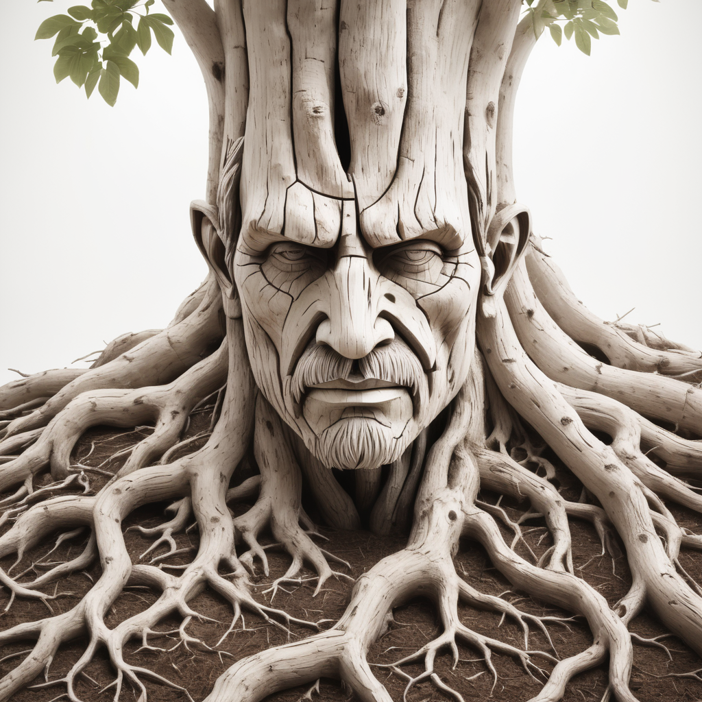 A man made of wood and tree roots Totally depressed