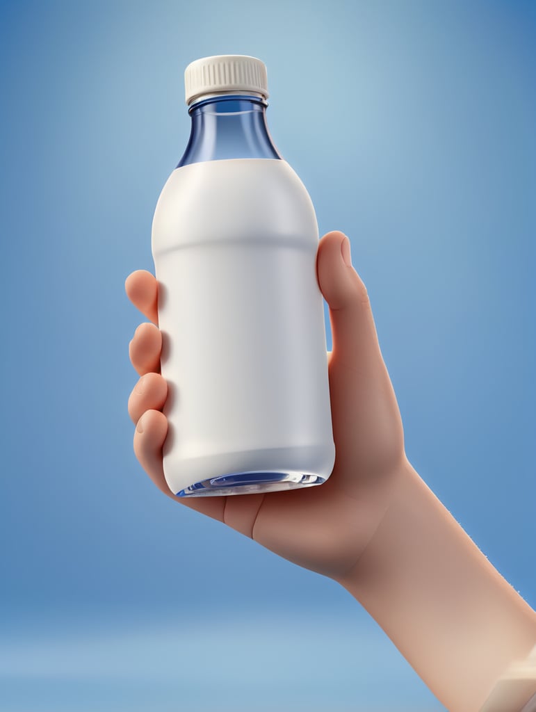 Hand holding a white Bottle, clear, isolated, blue background