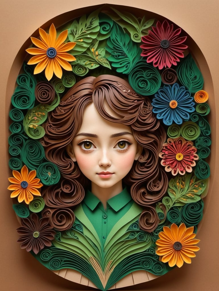 masterpiece best quality expressive eyes perfect face anthropomorphous flower girl brown body green leaves colorful flowers medieval fantasy text to image art digital art with enchanted forest as background