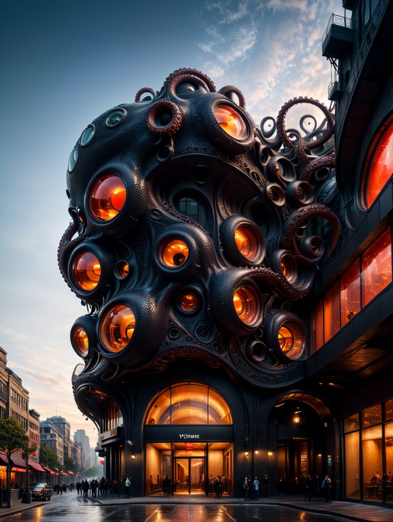 the craziest, bentwood, far view lens architectural modern style hyper realistic hyper detailed neocosmic exterior architecture design of a octopus Fluid complex facade, geometric shapes spectrum, black::1 red:3, Antoine Blanchard architecture art style, in new York city, dramatic ambient, natural lighting