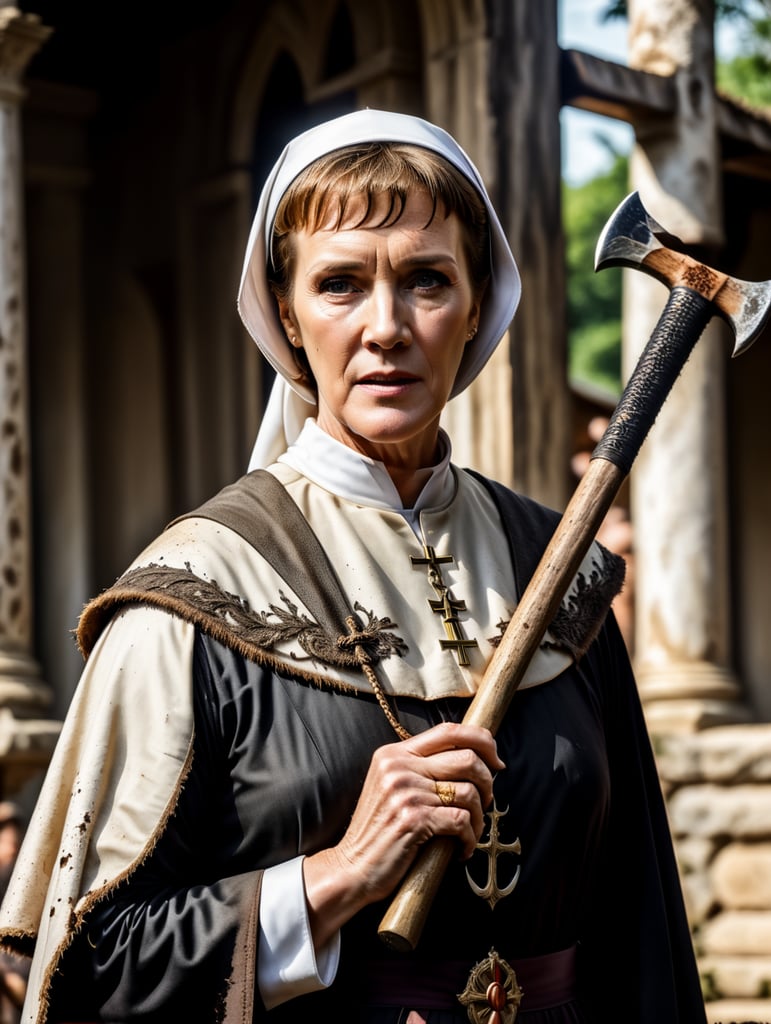 Actress Julie Andrews in her role as nun in the sound of music, wearing her nun costume, but completely torn apart and dirty after having had a fight with some wild animal. She has scratches on heer hands, arms and face and she looks fierce. She is holding an axe in one hand.