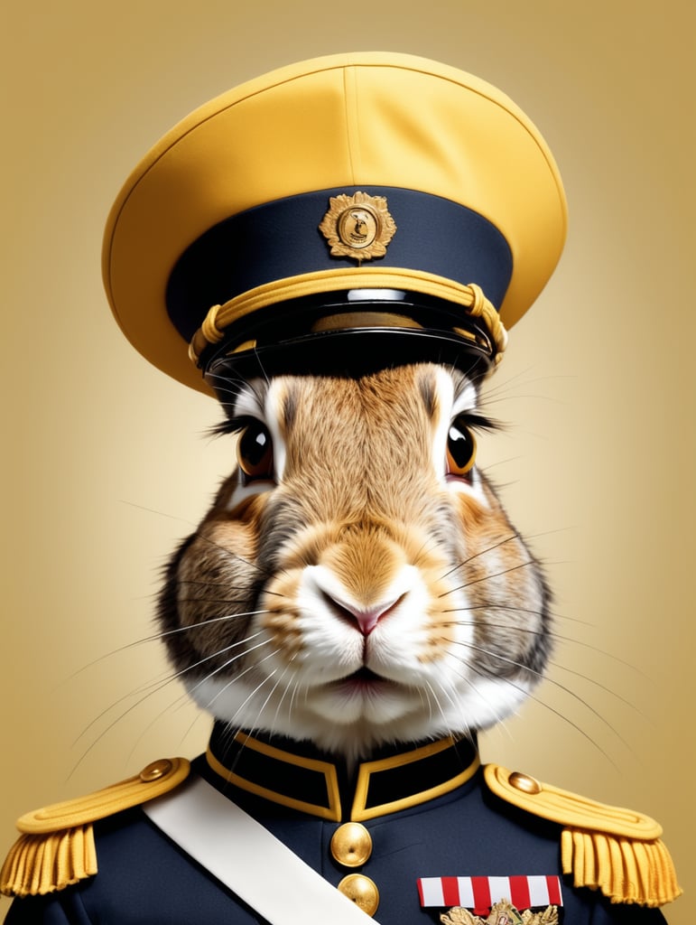 Portrait of a rabbit in a hat and uniform, made in a realistic style on a uniform yellow background