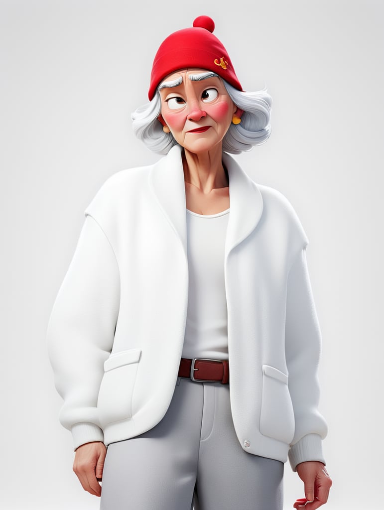 a young women with white hair and red hat on his head is wearing a white lacket, isolated, white background