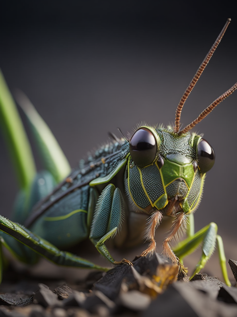 Grasshopper macro photography, close-up, high-quality details, deep focus, professional shot