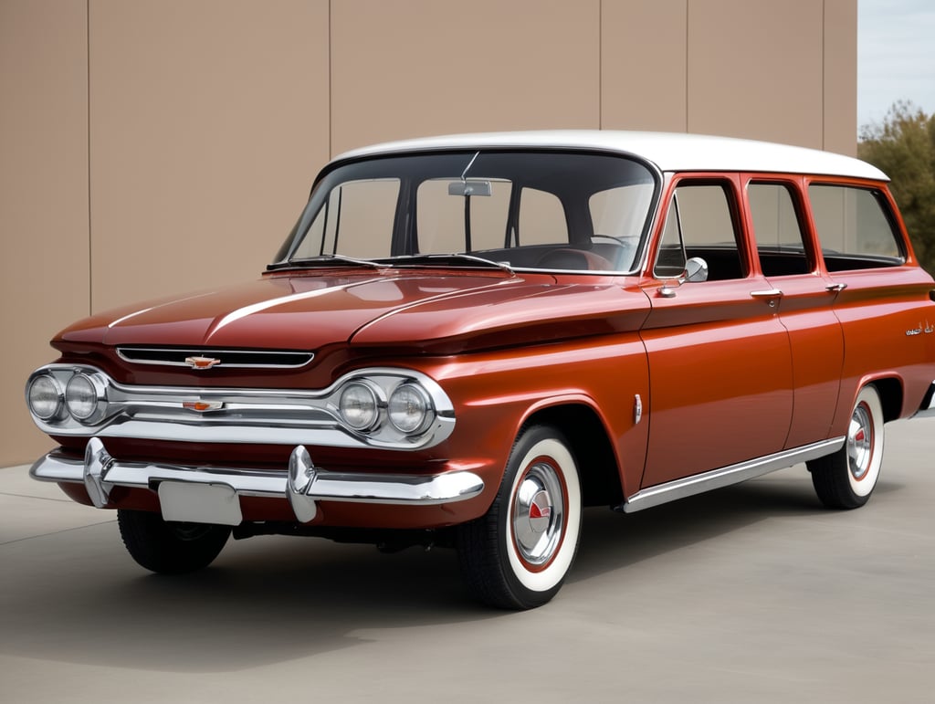 Redesign a 1961 Chevrolet Corvair Series 700 Lakewood Station Wagon. The design should incorporate 50 new and 50 old design elements. The materials should be 100 modern, including LED headlights, sleeker windshields, modern wheels, modern side mirrors, and so on.