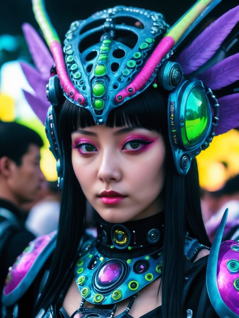 Photorealistic 3d portrait alien mech angels in goth folk festival raver outfit in dmt colorado rave city night 35mm film, akira anime.