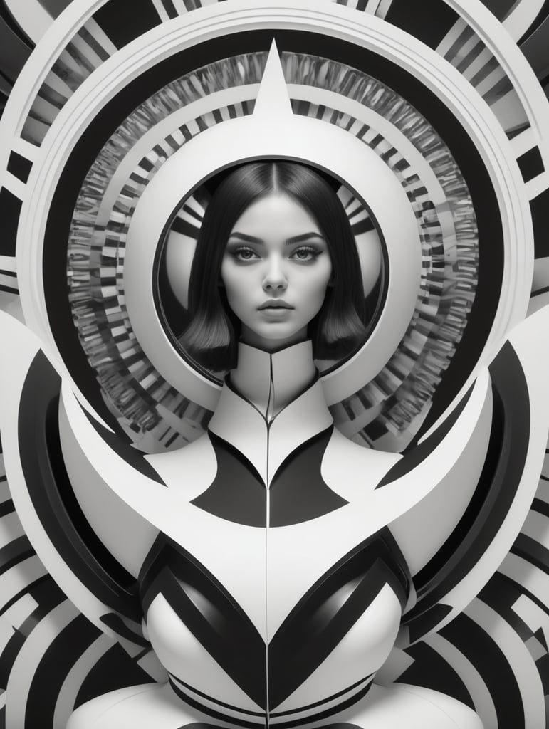Cute girl model, retro futurist of high fashion, made in symmetrical black and white psychedelic style, black and white beauty, optical illusion, glitch art, flirty, shot on Canon