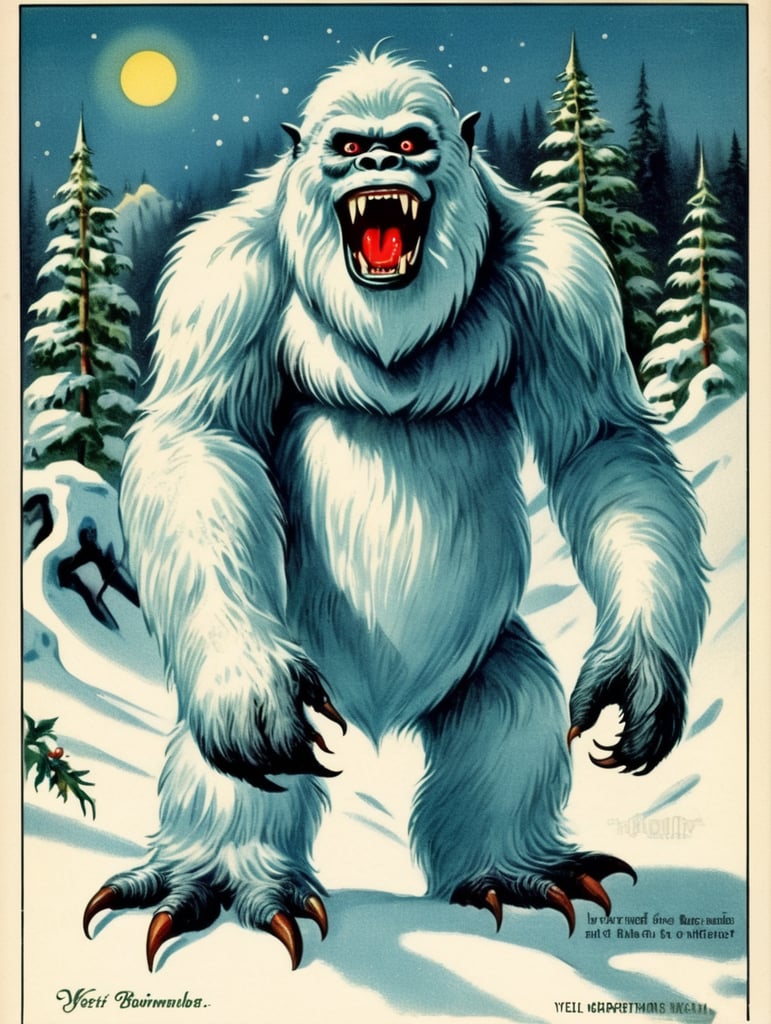 Yeti, Abominable Snowman, vintage Christmas postcard illustration