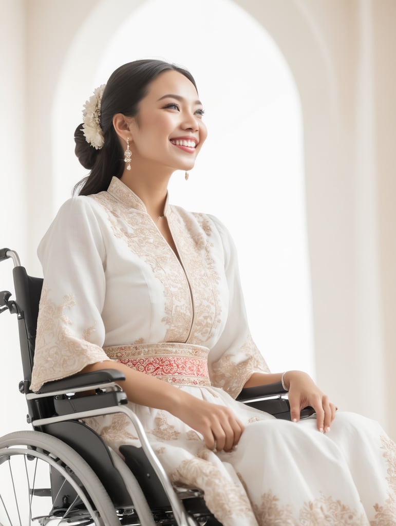 Low angle young happy woman in wheelchair, wearing traditional dress