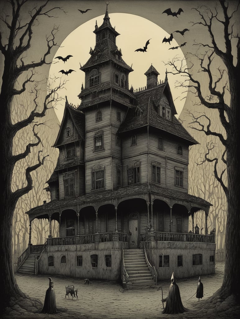 john kenn mortensen style, haunted house full of monsters