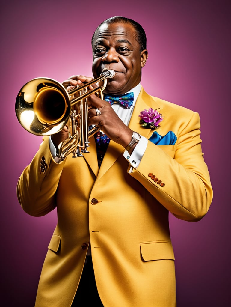 Louis Armstrong plays the trumpet, dressed in a colorful suit with a bow tie, studio photo, professional photo, Bright and rich colors, Detailed image, detailed face, bright background