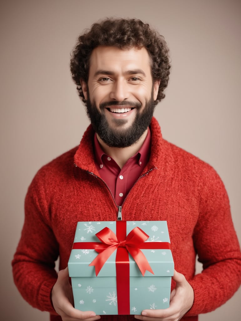 portrait of a bearded curly man wearing red knitted jacket, stands front camera with gift box his hand, happy birthday images, spring time