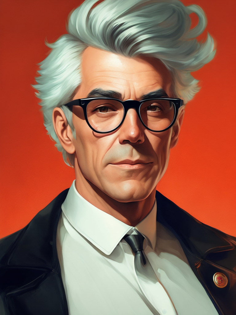 Portrait of an American man in a light suit with white hair wearing glasses with black thick rims, portrait in the style of advertising 50s, red background, sharp focus, highly detailed, vintage advertising, retro style