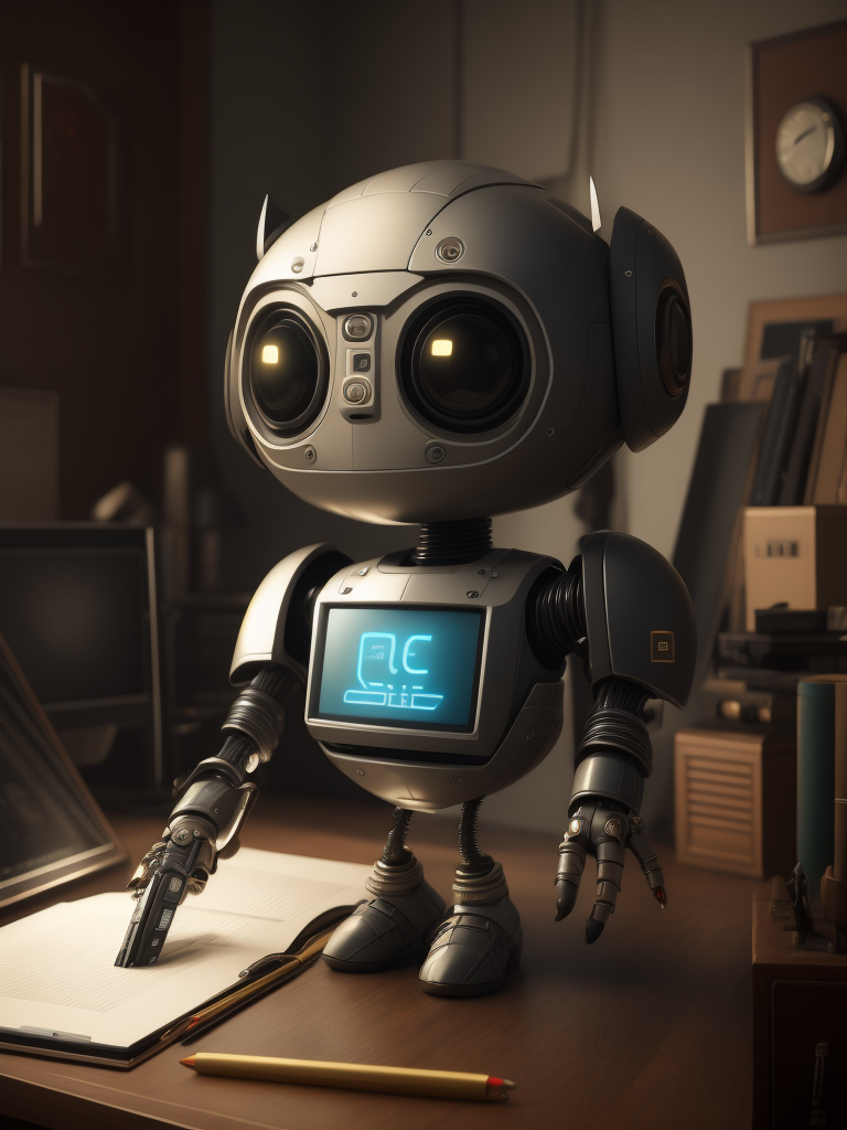Electronic robot and office, unreal engine, cozy interior lighting, artstation, detailed, digital painting, cinematic, character design by Mark Ryden and Pixar, hyperrealistic, holding a graphics tablet
