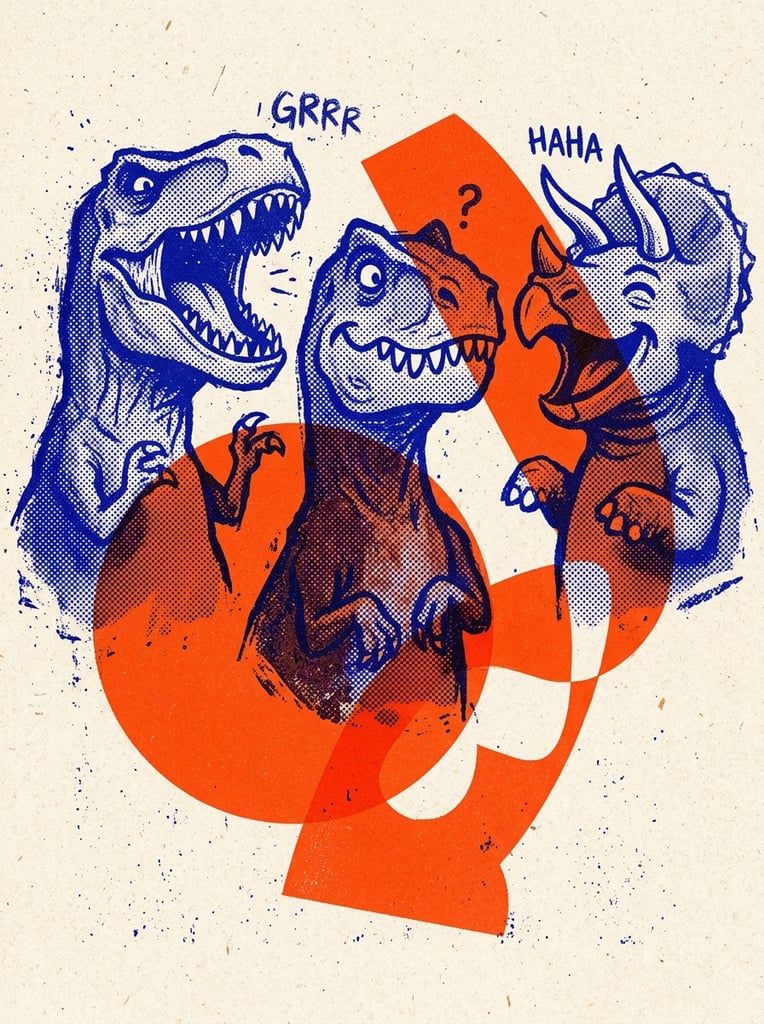 Three dinosaur heads with large teeth and small arms exhibiting various expressions, rendered in a bold retro risograph and screen-print aesthetic. The figures are constructed from dense, coarse halftone dot patterns in a striking ultramarine blue ink, featuring rough, distressed edges characteristic of vintage printing. Intersecting and layering with the blue figures are massive, flat, vibrant orange-red geometric shapes, including bold circles and sweeping abstract curves. Where the blue and orange-red inks overlap, a darkened, textured overprint effect occurs, blending the halftone patterns. The entire graphic composition is set against a warm, off-white, grainy paper texture, emphasizing a tactile, high-contrast, minimalist graphic design style with visible ink bleed and lithographic grain.