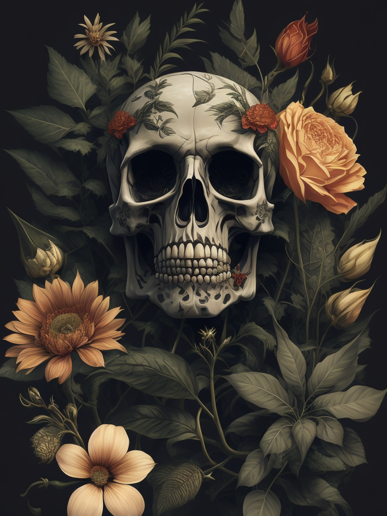 vector art of skull and vintage botanical flowers in the background, inspired by Japanese tattoo and hydro74