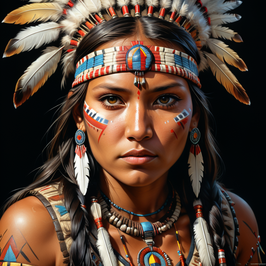 American Indian girl on black background, portrait,Oil Painting style,comics,only brown colors