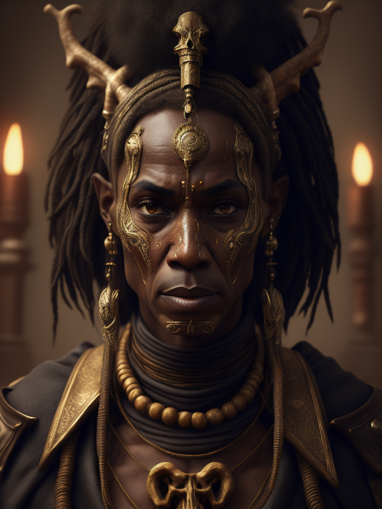 Voodoo priest, photorealistic, skull and bones, mysterious, african american, high definition, photography, cinematic, detailed character portrait, detailed and intricate environment, detailed and intricate environment.