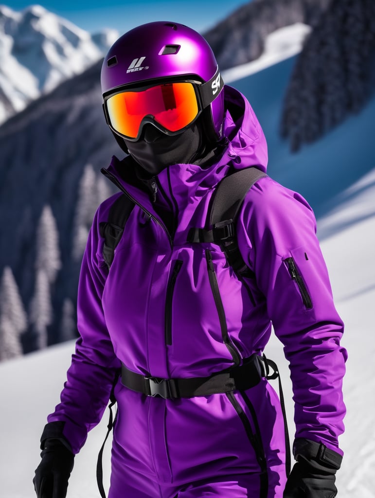 bright violet color, ski suit, commercial shoot, subject photography