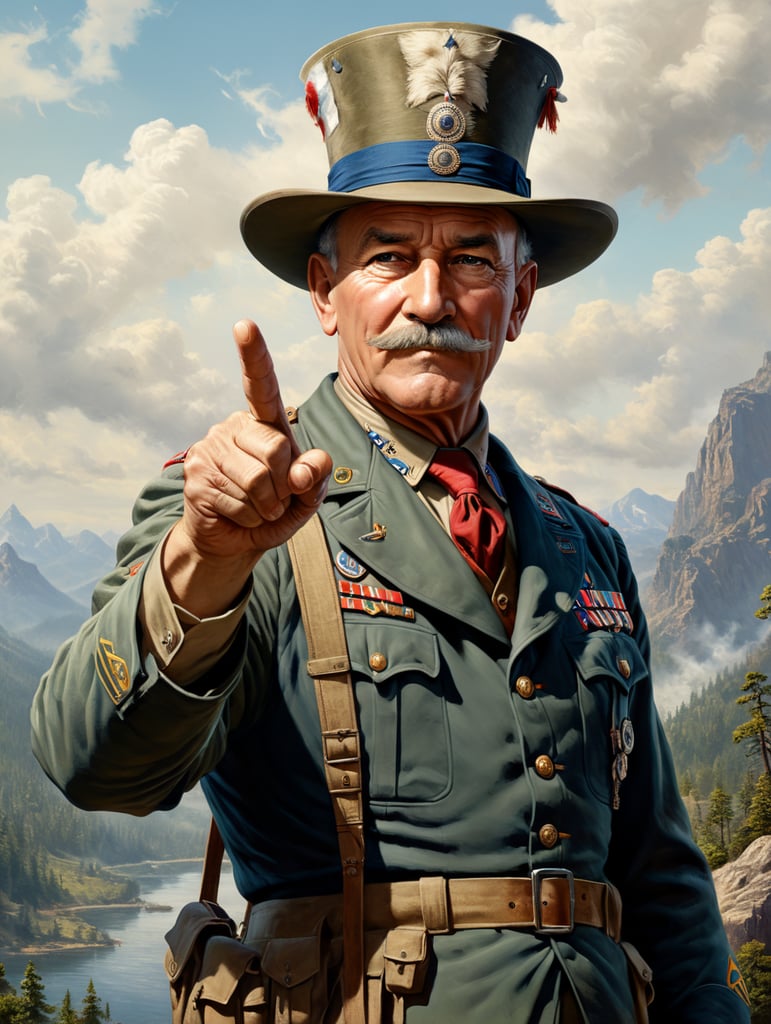 Image of Scoutmaster, Robert Stephenson Smyth Baden-Powell, looking and pointing his index finger forward, as if to say: Hey, you! Reminiscent of the famous illustration of Uncle Sam, with the hat and clothes by Robert Stephenson Smyth Baden-Powell. Don't wear Uncle Sam's hat.