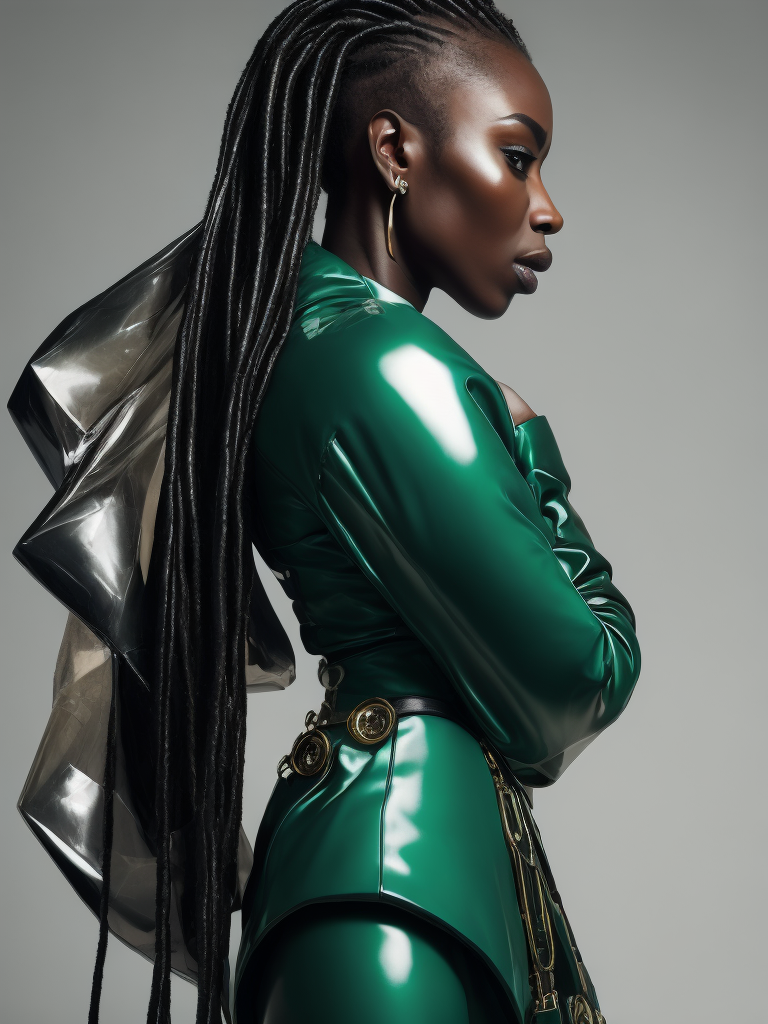Resolute ebony woman model, gazing diagonally, adorned in extravagant and avant-garde attire, featuring plastic and latex elements, abstract forms, asymmetrical techno embellishments, dominant green hue, 4k resolution, medium frame, cinematic capture, reminiscent of Iris van Herpen aesthetics.