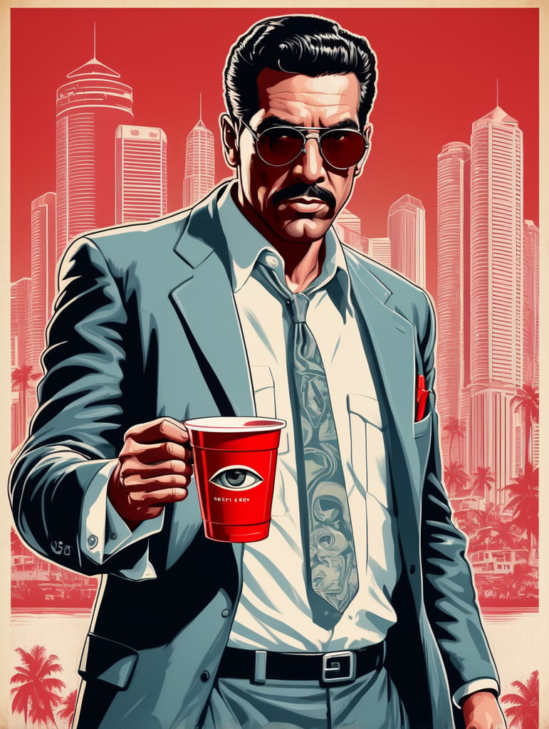 Miami gangster holding a red cup eye-catching poster-style drawing and illustration representing the iconic pulp style.