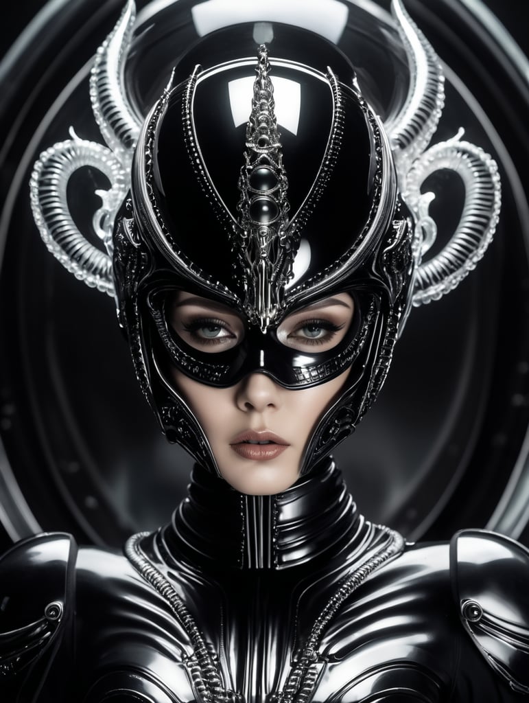 h.r. giger prometheus albine model octoupus skin queen with crown futuristic glass black suit elegant scene futuristic glass design glass melting mask traslucent half mask glass vr and helmet fashion photography, sharp, small spheres floating background, editorial photography