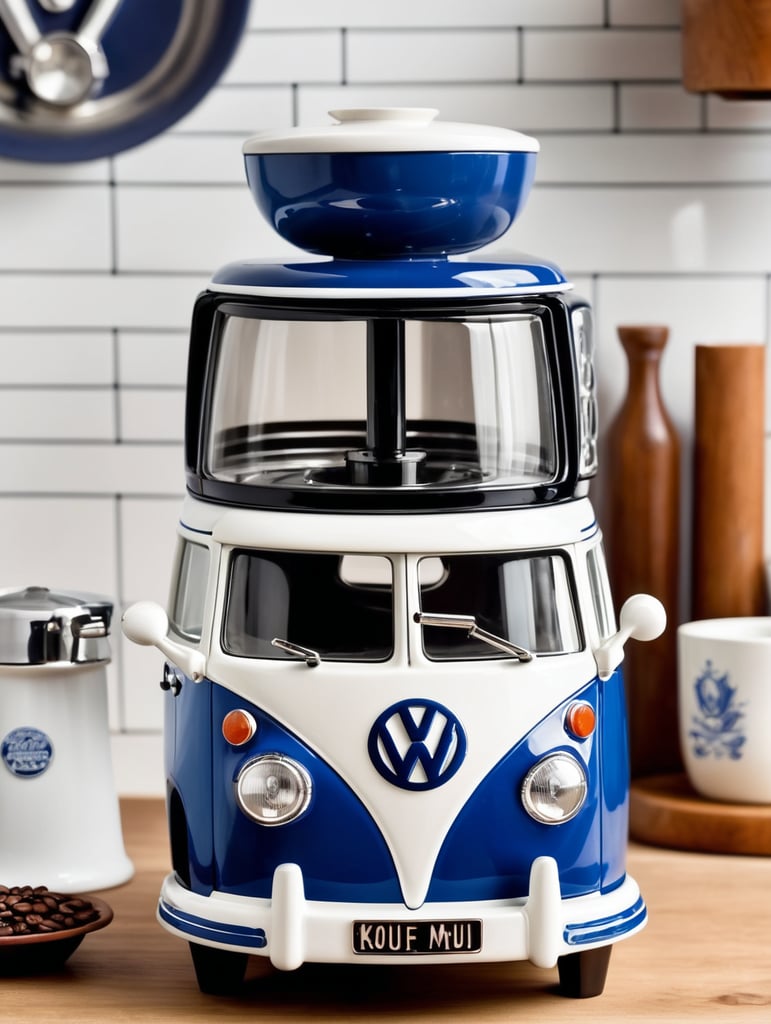 a vintage coffee maker shaped like a blue and white volkswagen kombi, grain grinder on top, coffe mug, kitchen, realistic