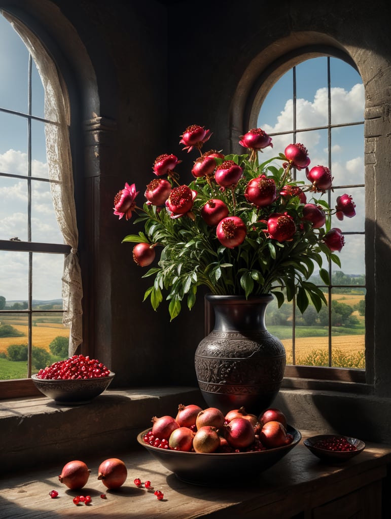 still life flower vase with a bowl of pomegranates with a window in the background od a country scene