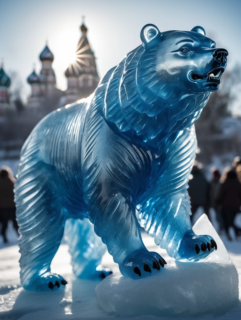 Highly detailed shot of an blueish ice sculpture in the shape of a Russian Bear, full-body shot, dramatic shattering ice background, full motion effects, diagonal view, ice crystal particles everywhere, back light, ultra sharp focus, high speed shot, subtle color, Bioluminescence, high quality